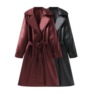 Kadın siyah PU deri trençkot-yaka, kemerli, uzun uzunluk, çift göğüslü, gevşek rahat palto - Product Image 2