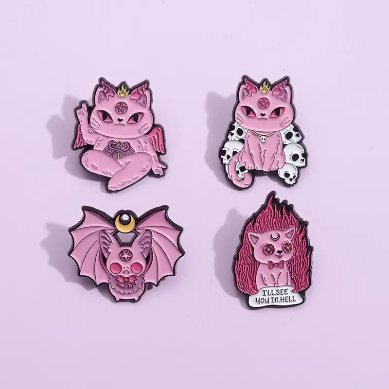 Lucu Kawaii kartun ajaib lucu jahat penyihir merah muda kelelawar kucing Elf desain lembut Enamel Pin