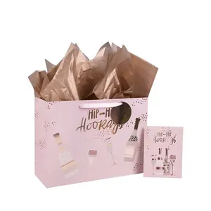 Rose Gold Metallic Foil Shine Wine Bottle Extra Large Gift Bag with Gift Card and Tissue Paper for Anniversary