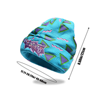 Bonnet en tricot acrylique chaud d'hiver avec logo personnalisé imprimé sur toute la surface, style rétro années 90, hip-hop, avec patch brodé sur le revers