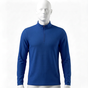 เสื้อถักไหมพรมสีน้ำเงินสำหรับผู้ชาย แขนยาว คอตั้ง ทรงปกติ แห้งเร็ว ผลิตจากโพลีเอสเตอร์ 100% เหมาะสำหรับใส่ในฤดูใบไม้ร่วง รับผลิตแบบ OEM - Product Image 1