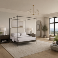 Lit plateforme minimaliste en fer forgé noir, style luxe discret et moderne, avec tête de lit à tiges, pour chambre principale