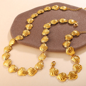 European American Retro Gold Seashell Necklace <b>Bracelet</b> <b>Set</b> Women's Party Fashion Jewelry Zinc Alloy Shell Pattern - Product Image 1