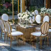 Table de salle à manger en verre miroir en acier inoxydable doré avec design artistique moderne, mobilier d'hôtel durable pour usage extérieur
