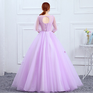 Purple Tulle Ball Gown Scoop Neck Empire Waist Long Skirt Floral Print Sheer Layer Evening Dress - Product Image 4