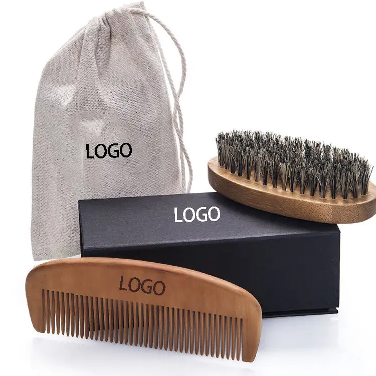 Kit di spazzole per pettine per barba con setole di cinghiale in legno Logo personalizzato confezione regalo per salone di barbiere/borsa spazzola per barba e pettine per uomo