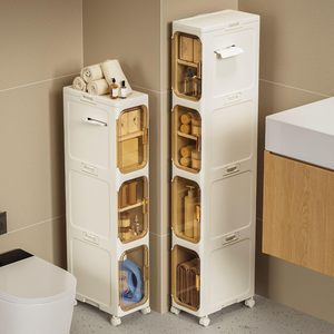 Modern Double Tier 18.5cm Length Bathroom Vertical <b>Slim</b> Storage Cabinet Narrow Plastic with Wheels - Product Image 2