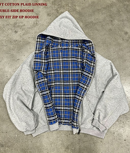 Sweat-shirt à <span class=keywords><strong>capuche</strong></span> surdimensionné à double fermeture éclair <span class=keywords><strong>avec</strong></span> doublure à carreaux bleus, streetwear décontracté pour homme - Product Image 2