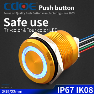 Interrupteur à bouton métallique, momentané, 22mm, NO, alliage d'aluminium, rouge/vert/bleu/noir, IP65, 12V. - Product Image 3