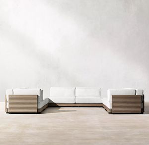 Juego de sofá de jardín al aire libre en forma de <span class=keywords><strong>L</strong></span> moderno de lujo con mesa de brazo de teca Tela Gris impermeable para hoteles villas y exteriores - Product Image 2