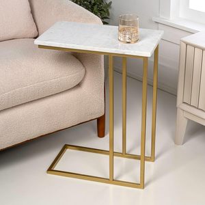 Table d'appoint industrielle en métal en forme de C JONATHAN Y END4005B Caius 24,25 pouces, plateau en marbre blanc, finition dorée, meubles de salon - Product Image 2