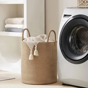 Cotton <b>Rope</b> Laundry <b>Basket</b> Tall Woven Hamper with Handles Foldable Decorative Storage for Clothes Kids' Toys Living Room Bedroom - Product Image 2