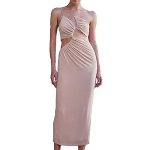 Fashion Pink Maxi Dress Women One Shoulder Asymmetrical Sexy Hollow Out Lady Elegant Slim Party Dress