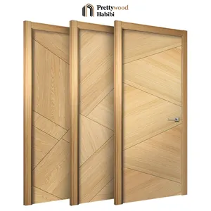 Prettywood Doors Geometry Veneer Design Modern Residential American Solid Wooden Waterproof Prehung Interior Door For Houses
