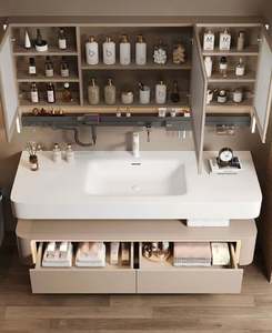Italian Minimalist Style Solid Wood Bathroom Cabinet Integrated Stone Basin Bathroom <b>Vanity</b> with Smart <b>Mirror</b> - Product Image 5