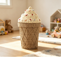Panier de rangement en osier avec couvercle, motif crème glacée mignon, boîte de rangement pour jouets d'enfants en rotin faite à la main pour la décoration de la chambre d'enfant