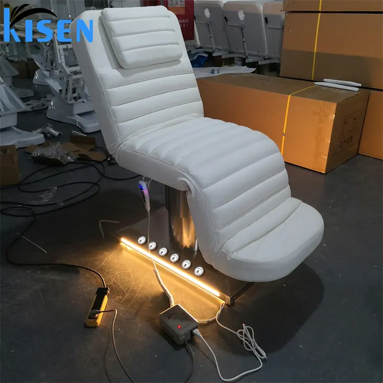 Kisen - Mesa de massagem elétrica para salão de beleza, cama de massagem com controlador de pés, luxuosa e de alta qualidade, com 3 e 4 motores, ideal para cílios brancos