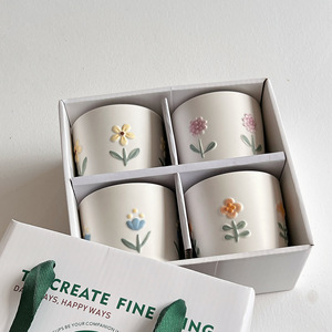 Novelty Hand-Painted Flower Coffee <b>Cup</b> <b>Set</b> of 4 Cute Ceramic Mugs Gift <b>Set</b> for Girls - Product Image 3