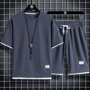 Conjunto de dos piezas de camiseta de manga corta para hombre, traje deportivo informal, venta al por mayor, estilo holgado de verano, camiseta de manga corta falsa de dos piezas - Product Image 5