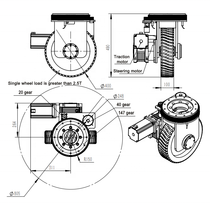 ZL-490 Agv Heavy Load Wheel Traction Motor rubber drive wheel Ets Accelerate Carrying 2T