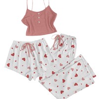 Ensemble de pyjama trois pièces respirant en polyester/spandex à motif cœur pour femme, style européen et américain, avec caraco et short