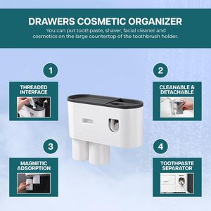 Wall Mounted 4 Slots <b>Toothbrush</b> <b>Holder</b> Automatic Toothpaste Dispenser Tooth Paste Squeezer with 2 Magnetic Cup Bathroom Set - Product Image 4
