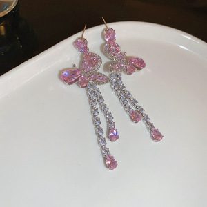 Banquete de mujer Aguja de plata Zircon Mariposa Rosa Gota de agua Pendientes largos de borla Pendientes de moda y elegancia - Product Image 6
