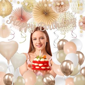 Ballons crème, bannière joyeuse, lanternes en papier pêche, pompons en tissu, éventail, champagne doré, <span class=keywords><strong>beige</strong></span>, décorations d'<span class=keywords><strong>anniversaire</strong></span> pour femmes et filles - Product Image 6