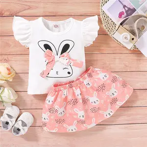 Cute Girls' Clothing Sets Summer Short Sleeve Cotton Tshirt with Rabbit+Printed Skirts 2Pcs Children Outfit Baby Girl Dress Set