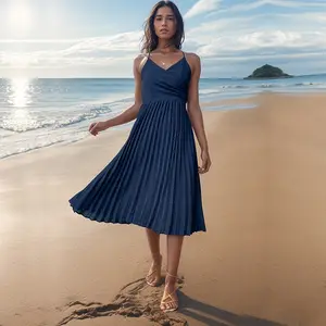 डिज़ाइनर फैशन बिना आस्तीन की महिलाओं की कैज़ुअल पोशाकें स्लिंग लूज़ सेक्सी ड्रेस रात की लंबी प्लीटेड पोशाकें