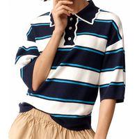Pull-over Preppy en Maille Rayée 100% Coton Personnalisé pour Femme, Col Polo Boutonné, Manches Courtes, 12GG, Vente en Gros