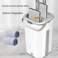 Ensemble serpillière plate à double contrôle avec seau, serpillière en microfibre, manche en acier inoxydable et essoreur coulissant pour le nettoyage des sols domestiques