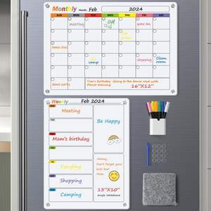 Lot de 2 tableaux magnétiques effaçables à sec mensuels et hebdomadaires <span class=keywords><strong>Tableau</strong></span> blanc en acrylique avec <span class=keywords><strong>tableau</strong></span> <span class=keywords><strong>noir</strong></span> à notes pour réfrigérateur Matériau en bois - Product Image 6