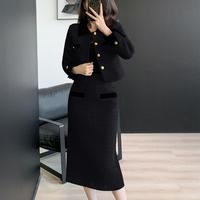 Polyester décontracté automne solide bouton poches col rabattu kaki femmes deux pièces Tweed Midi jupe costume vestes Blazer ensemble