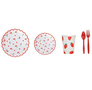 Nuovo Design piatti di carta da 9 pollici tazze per feste personalizzate vassoio frutta tema festa carta stoviglie kit fragola