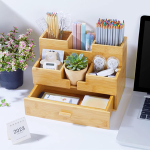Bamboo Desktop Organizer Three Layer With <b>Drawer</b> For Office Desk <b>Storage</b> And Stationery Organization - Product Image 4