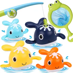 6PCS Kids Magnetic Fishing Game with 2 Fishing Rods 4 Whale Wind-up Bath Toys Toddler Mould Free Bathtub Toy Baby Pool Toys