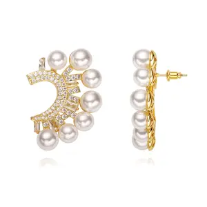 FOXI jewelry Wholesale Luxury Fine Jewelry 18K Gold Plated Iced Out CZ Cubic Zircon Pearl stud Earring for Women