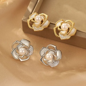 Premium Natural Shell Flower <b>Stud</b> Earrings Luxury S925 <b>Silver</b> Needle Genuine Gold Plated Rose Earrings with Zircon Stones - Product Image 1