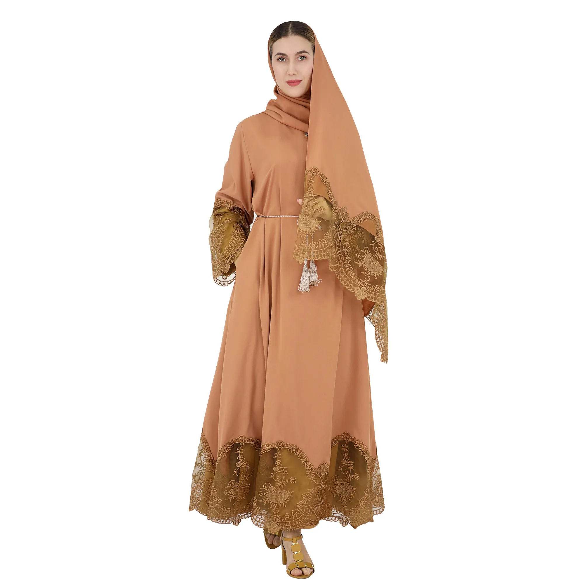 Dubai müslüman kadınlar Abaya tasarımlar moda zarif islam giyim nakış dantel tasarım astarsız