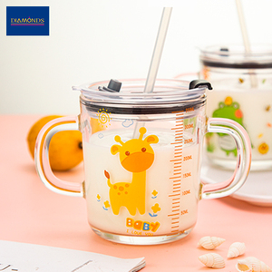 Tasse en <span class=keywords><strong>verre</strong></span> Transparent <span class=keywords><strong>avec</strong></span> <span class=keywords><strong>paille</strong></span> pour enfants, 380Ml, à Double poignée, bon marché, usine directement en chine - Product Image 2
