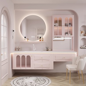 Mueble de Baño con <span class=keywords><strong>Lavabo</strong></span> Doble de Diseño Italiano, Acabado Brillante en <span class=keywords><strong>Rosa</strong></span>/Blanco, Espejo LED Inteligente, Nuevo de Fábrica - Product Image 1