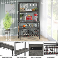 Mesa Moderna para Botellas de Vino con Tomacorriente, Mueble Bar de Vino Rectangular de Metal con Recubrimiento en Polvo, Soporte para Copas de Licor