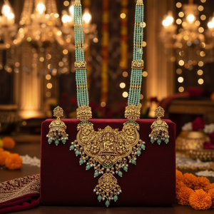 Traditional Antique Alloy Gold Plated Religious Kundan Pearl Zircon Temple Necklace <b>Set</b> Earrings Tikka | High Wedding Party - Product Image 3