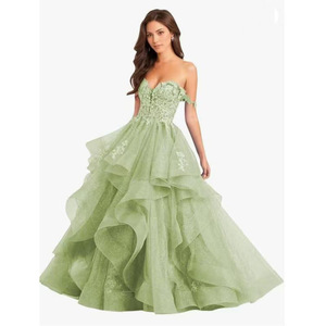 Women's Off-Shoulder Ball Gown Green Empire Waist Floral Print Evening Dress For Graduation Host Student Art Exam - Product Image 1