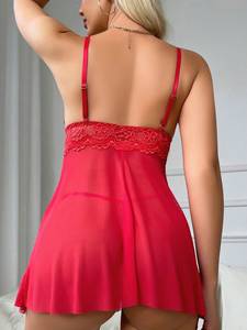 Nouveau produit Lingerie érotique femmes ensemble de sous-vêtements dentelle maille col en V sangle chemise de nuit beauté dos Perspective femmes Lingerie Sexy - Product Image 2