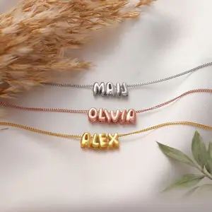 Kalung huruf gelembung 3d Dainty kustomisasi grosir kalung nama stereoskopik berlapis emas 18k baja tahan karat untuk wanita