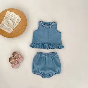 RTS Engepapa Sleeveless Summer Casual Vest Girls Cotton Denim Shorts Baby Girl Clothing Set