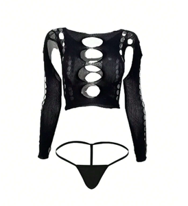 2 piezas de satén Bodystocking Lencería Ropa de baile Sexy Fishnet Girl Top Tangas con decoración de encaje Suministro ODM Control de luz - Product Image 2