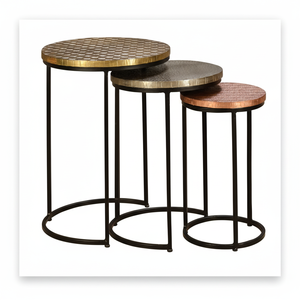 Mesa de anidación de diseño moderno, Juego de 3, acabado Natural con pata de Metal - Product Image 1
